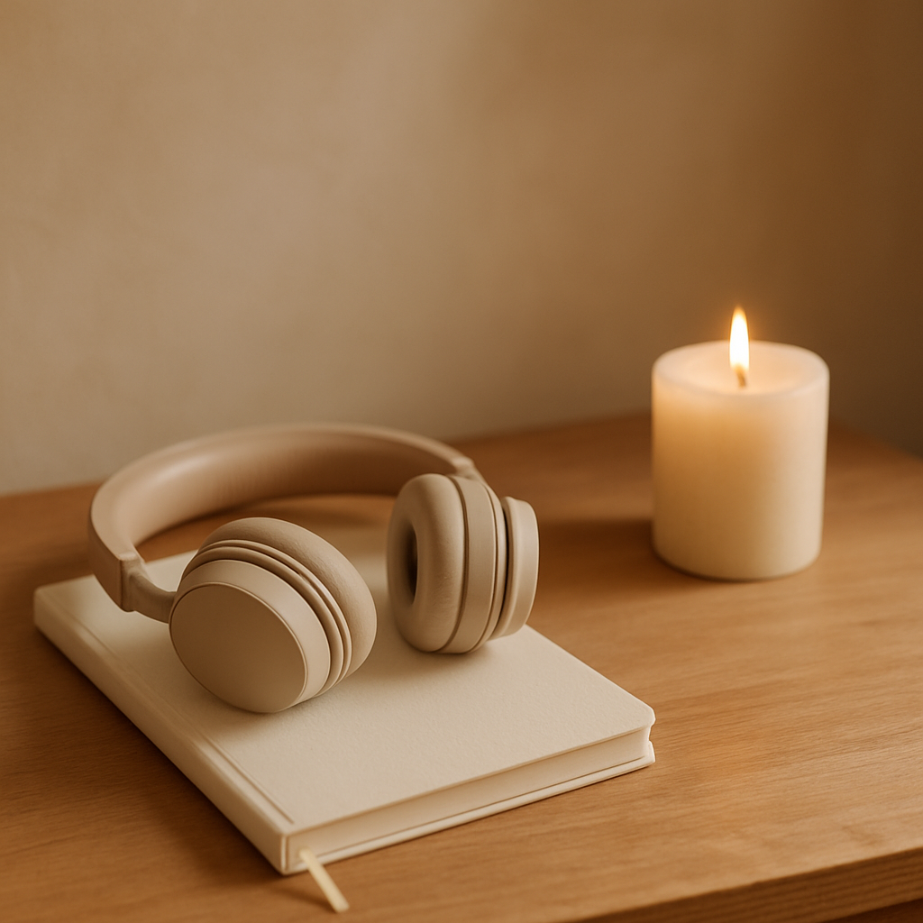 Cuaderno y auriculares sobre una mesa de madera junto a una vela