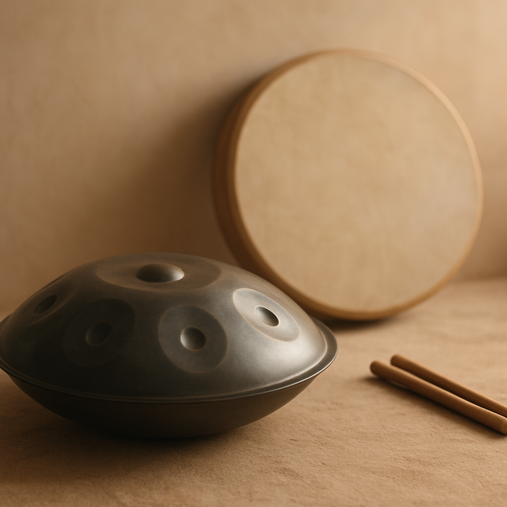 Instrumentos musicales serenos sobre un fondo natural y luminoso