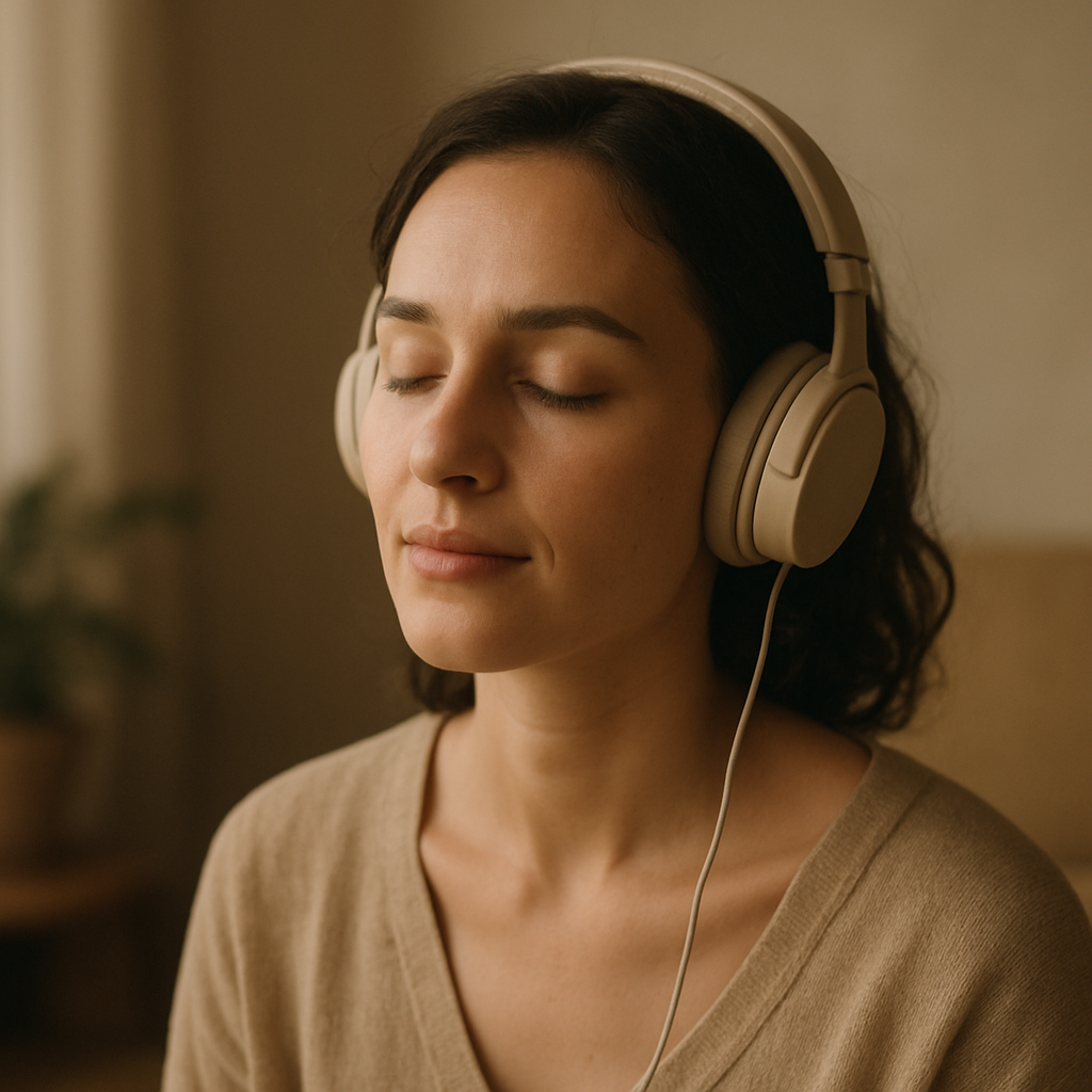 Persona con expresión serena rodeada de un ambiente musical cálido