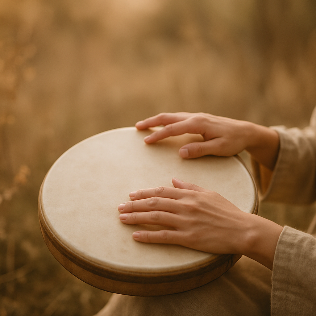 Manos tocando un tambor de marco en un ambiente cálido y natural